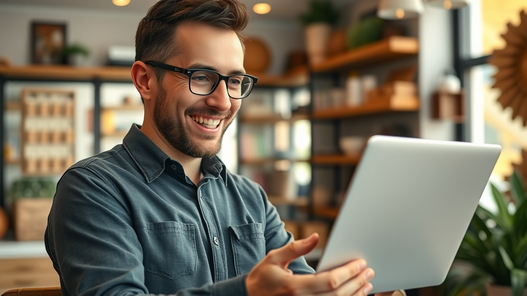 business owner reading digital reviews to build customer base and brand awareness