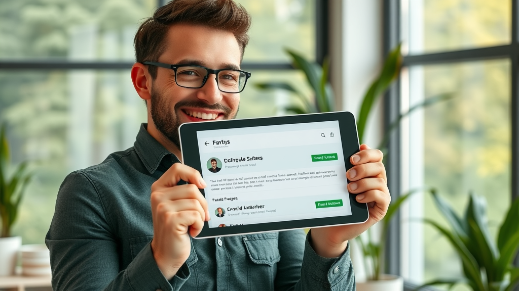 business owner holding tablet with growing email subscriber list, symbolizing email marketing for service companies