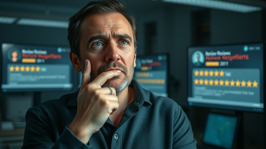 brand reputation building concerned business owner reflecting on negative online reviews in dimly lit office