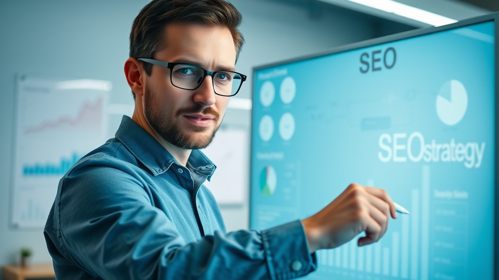 Digital marketer mapping SEO strategy on digital whiteboard for SEO client growth in modern office