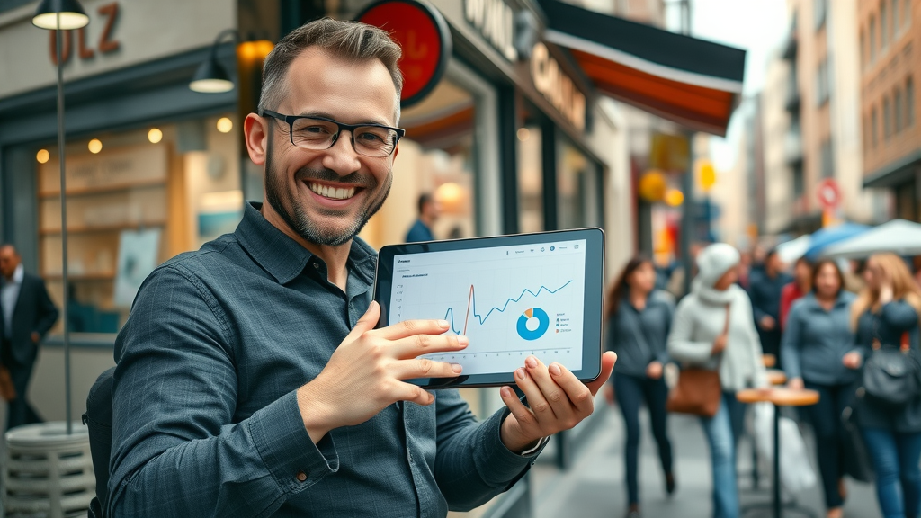 Vibrant small business storefront with enthusiastic owner displaying online analytics - internet advertising for small businesses