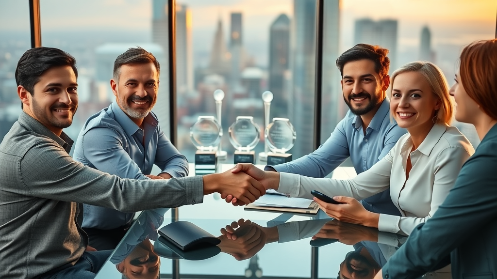 Expert marketing agency team for online marketing for services, consulting around glass table