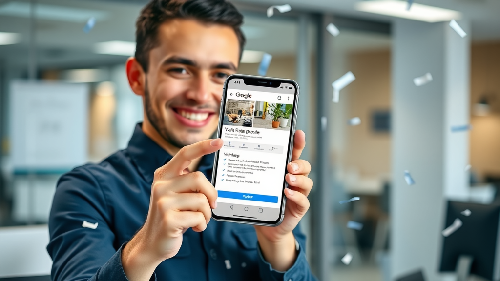 Service professional celebrating verified Google Business Profile, essential for SEO for service businesses