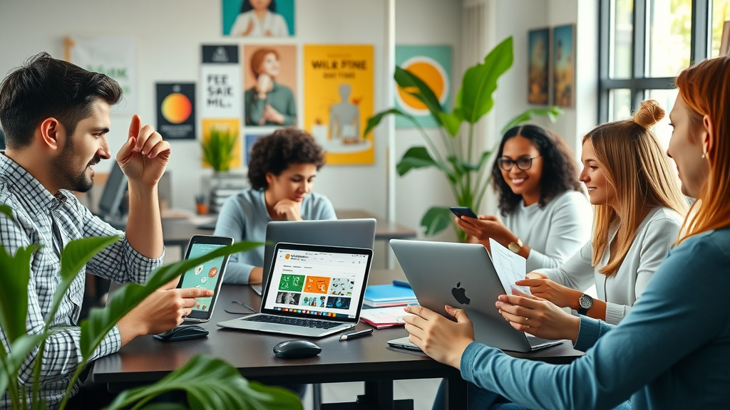 social media team brainstorming with laptops and design apps in a creative office, image and video creation resources for local business marketing