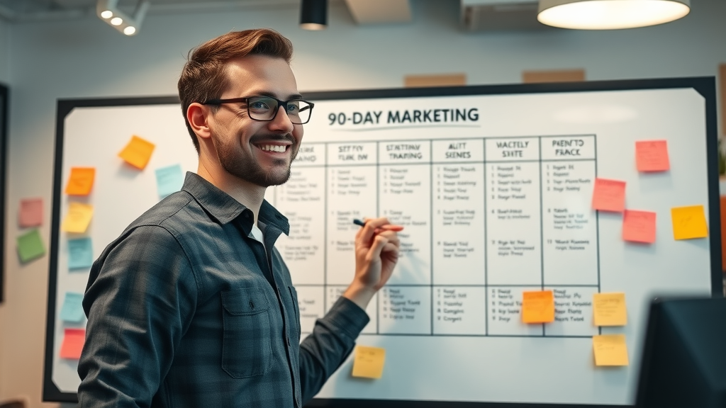 entrepreneur writing steps on a digital 90-day digital marketing roadmap