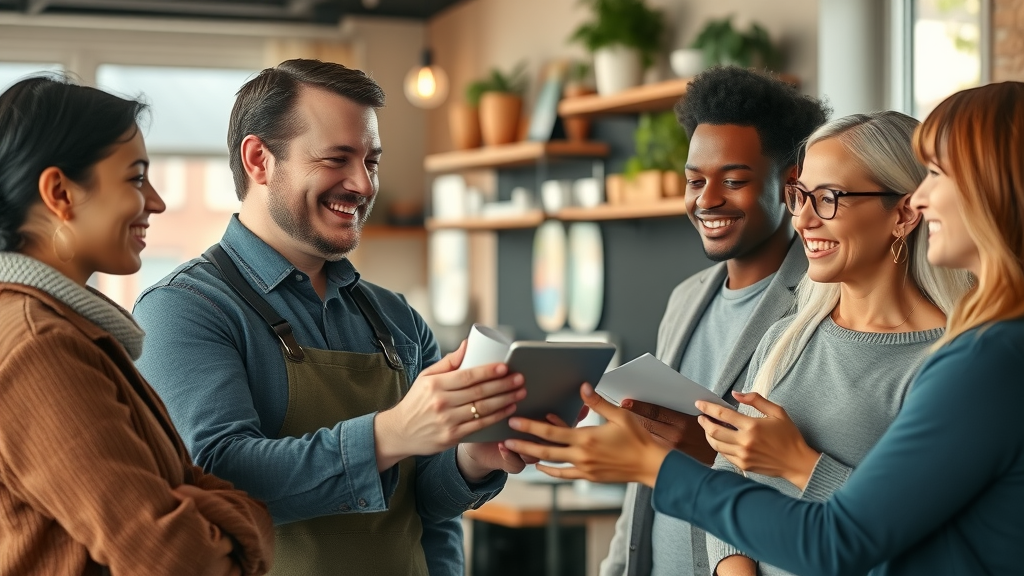 small business manager asking customers for Google Business Profile reviews to boost local SEO