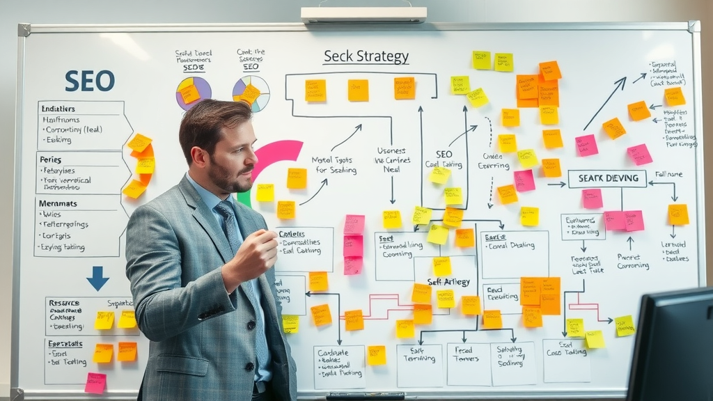 business strategist planning end-to-end SEO workflow, comprehensive business profile and content marketing plan