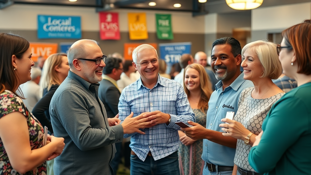 Diverse group of local business owners networking at a community event, building brand awareness through local business marketing tips