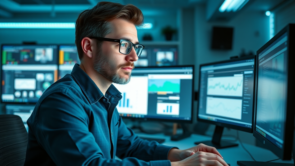 Data-driven marketing specialist conducting A/B tests on PPC ads with dual display screens