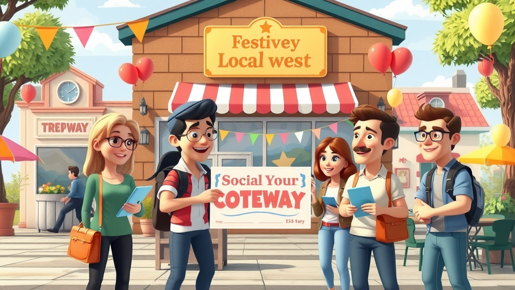 Festive local event with a business hosting a social media contest and excited community participants
