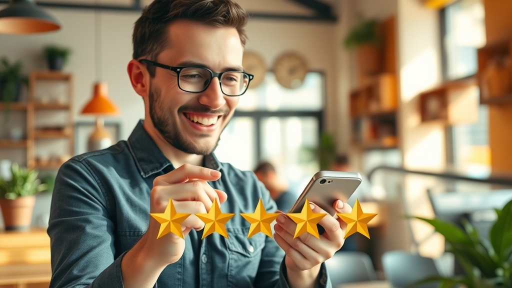 happy customer leaving 5-star review for local business SEO impact