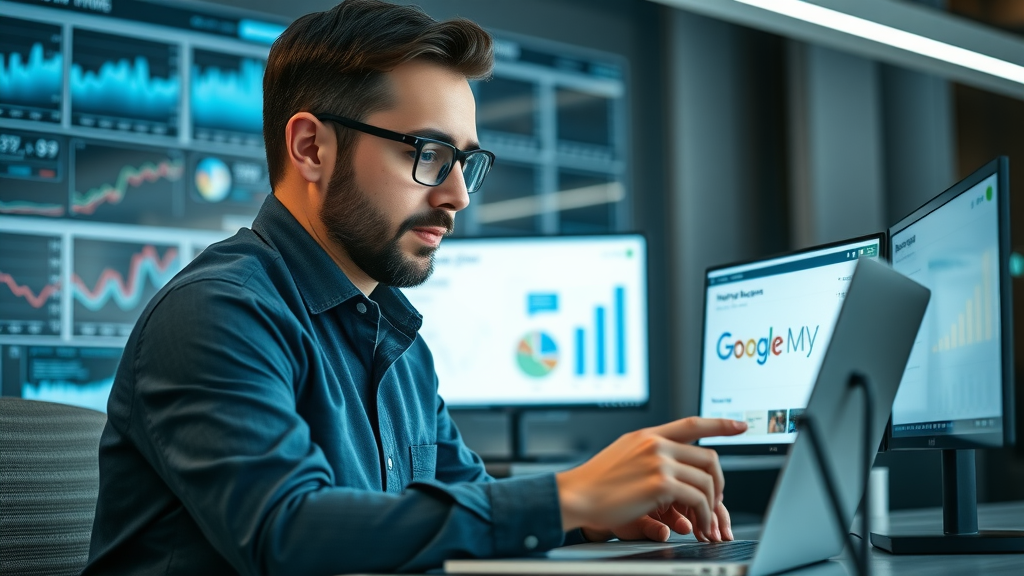 Google My Business optimization performance statistics, digital marketing manager, modern high-tech office, chart monitors, digital screens
