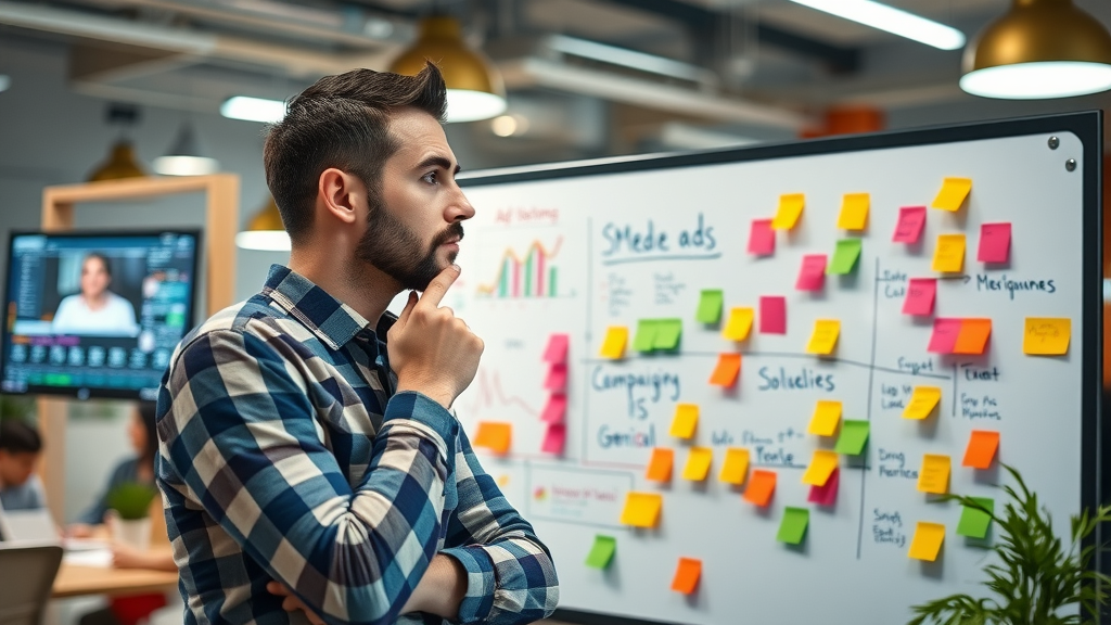 media marketing: creative marketer planning social media ads with campaign strategy on whiteboard