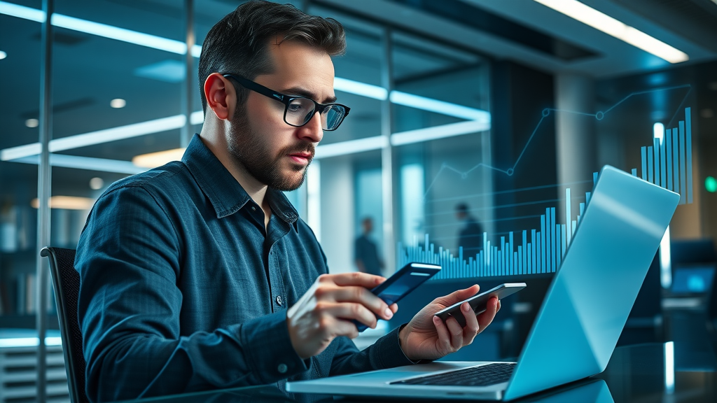 analytical finance expert, calculating PPC ad spend with laptop and calculator, intent focused, Futuristic Sci_Fi, digital graphs and budget lines floating in sleek law office, highly detailed, holographic elements and dynamic motion, deep blue and white color scheme, cool LED lighting, shot with a 35mm lens