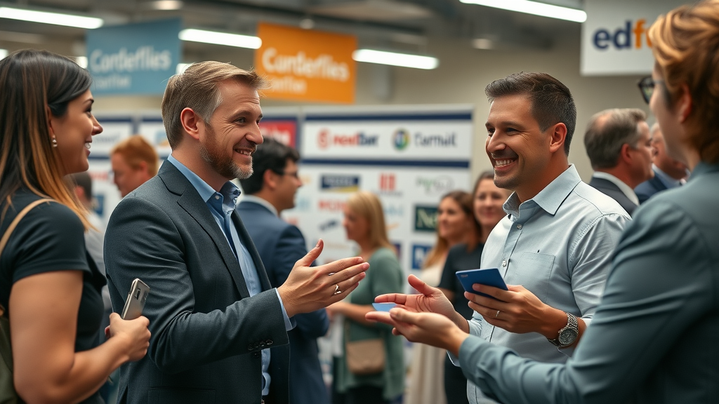 Business professionals networking for SEO and local authority at a community event; important for local SEO for service businesses