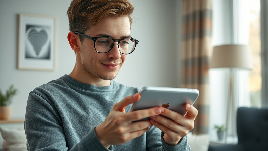 young consumer using voice search for local seo strategies on smartphone in tech-inspired home