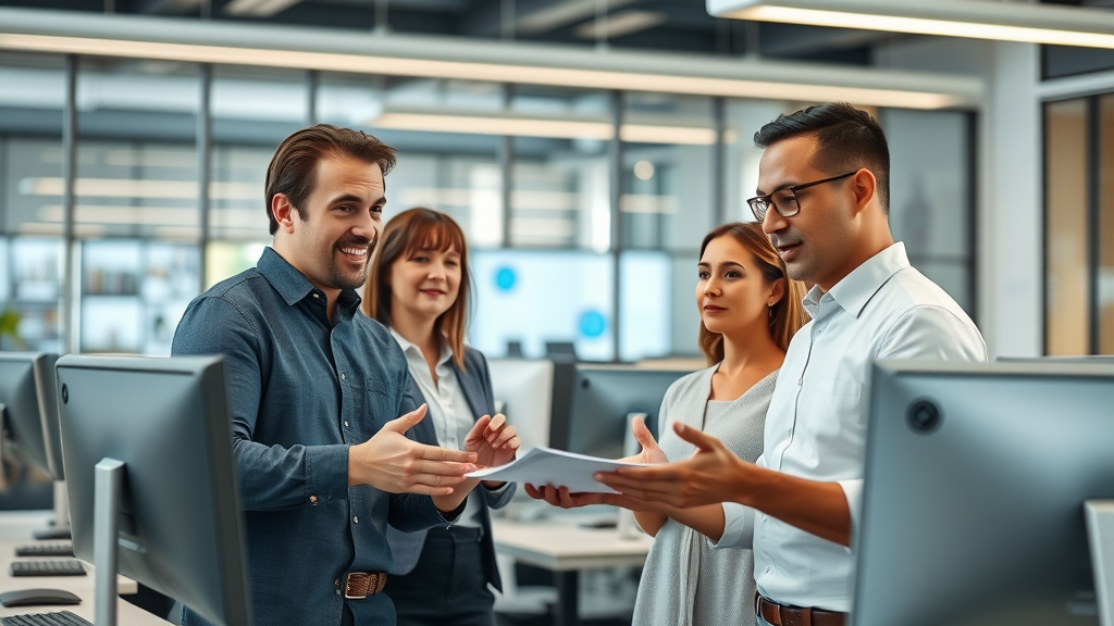 Modern service provider office with digital branding elements - digital branding for service providers, confident professionals discussing brand strategy, tech-forward ambiance