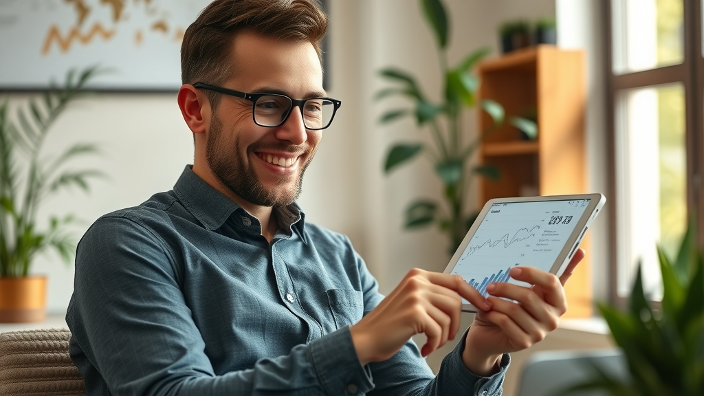 PPC advertising for services business owner reviewing performance charts on a tablet satisfied expression