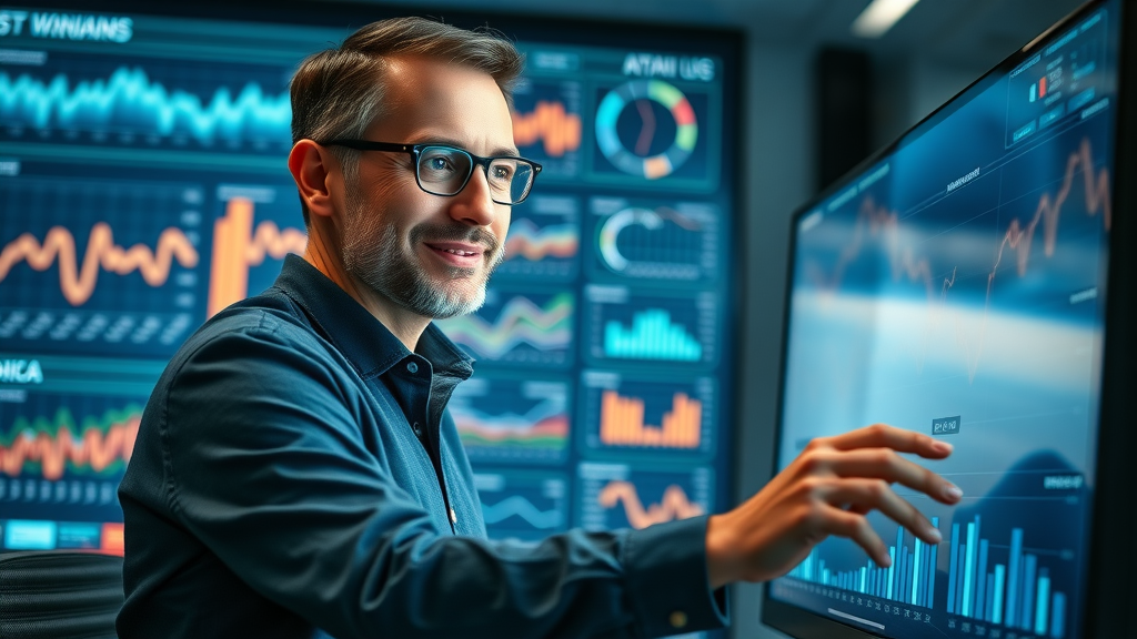 Data analyst analyzing A/B test results on a performance dashboard in a sleek analytics lab. {conversion rate}, {lead generation online}, {analytics}