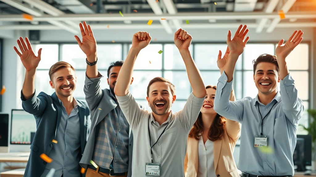 Service business team celebrating SEO-driven online growth and local search rank improvement