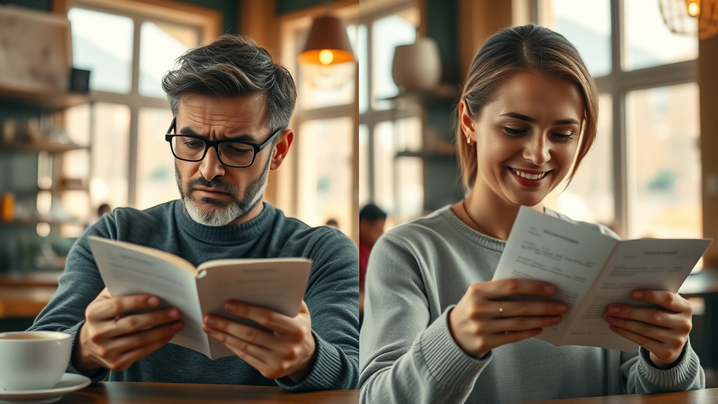 side-by-side comparison: customer looking upset reading a negative review, then looking pleased after seeing a thoughtful business response, customer review, review response best practices