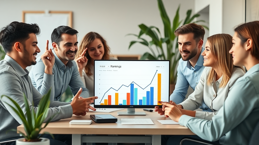 motivated small business team collaborating with digital graphs showing rising local search rankings, local seo tips in action