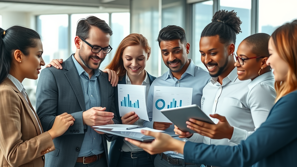 Target Audience Identification: Insightful Diverse Business Team Collaborating on Data Charts in Modern Office