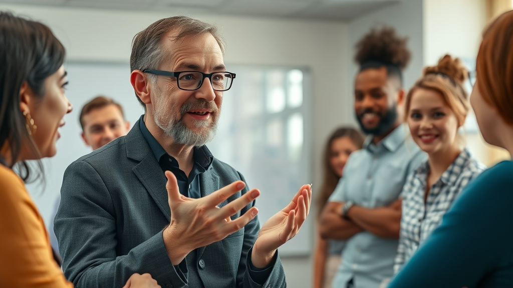 insightful psychologist building customer trust with diverse group, facilitating trust-building strategies and interaction