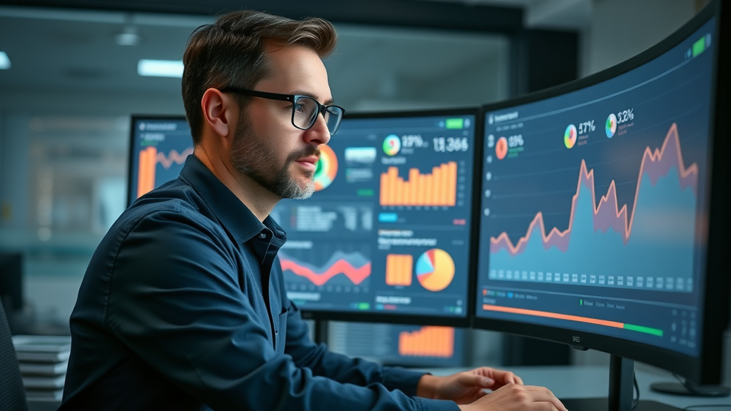 Analyst monitoring Google Insights dashboard, large monitor with data charts, analytics office