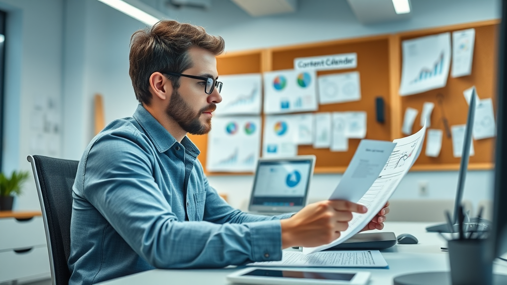 Social media marketer customizing marketing strategy for a small business using performance charts and content calendar