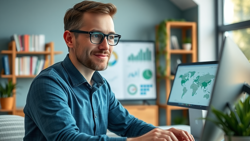 thoughtful SEO strategist analyzing map pack ranking data, graphs and google maps on screen, local seo strategy session