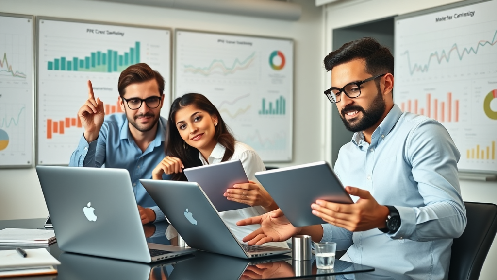 PPC advertising for services digital marketing team analyzing campaign data in a modern office