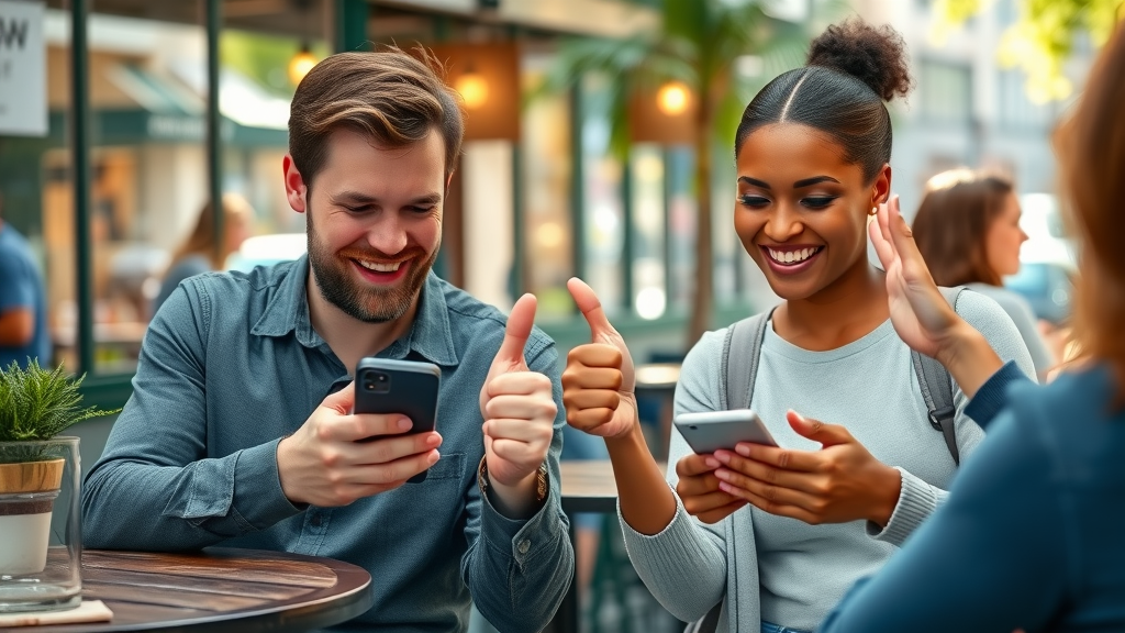 optimistic consumers checking smartphone online reviews social media urban