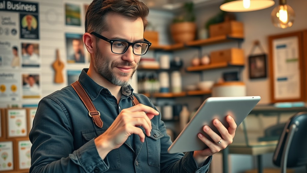 local business owner analyzing marketing data in cozy local shop, community branding, digital marketing