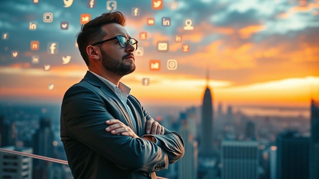 social media marketing strategy: entrepreneur envisioning brand growth with floating social icons