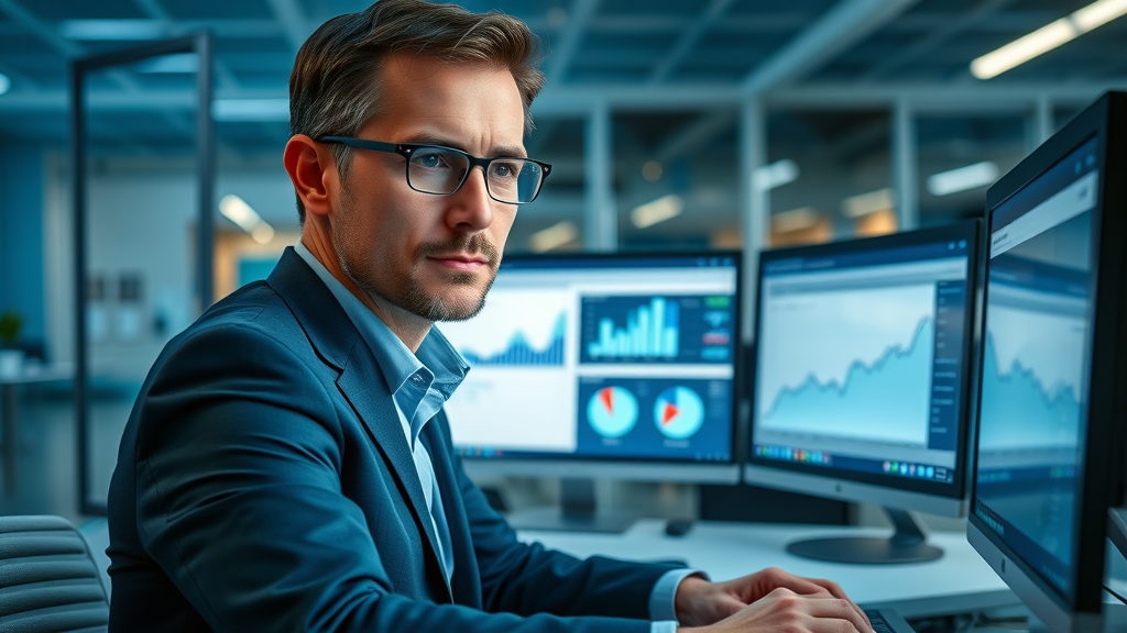 media marketing strategy: businessperson analyzing marketing KPIs on digital screens
