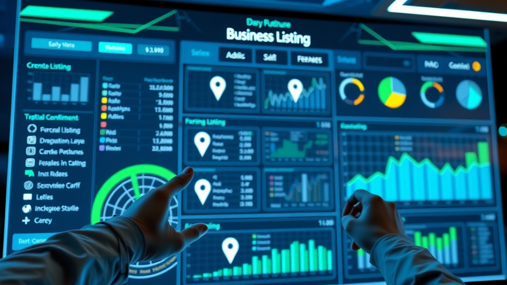 sleek user interface dashboard of business listing management tool, analytics and reporting features for business listings management