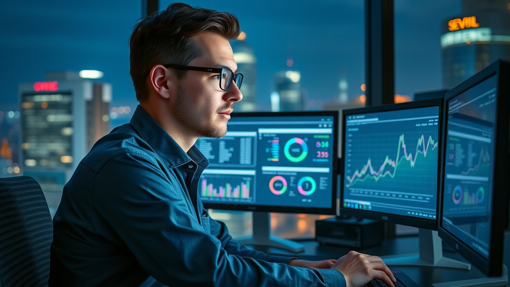 seo analyst tracking local search performance metrics on monitors local seo strategies