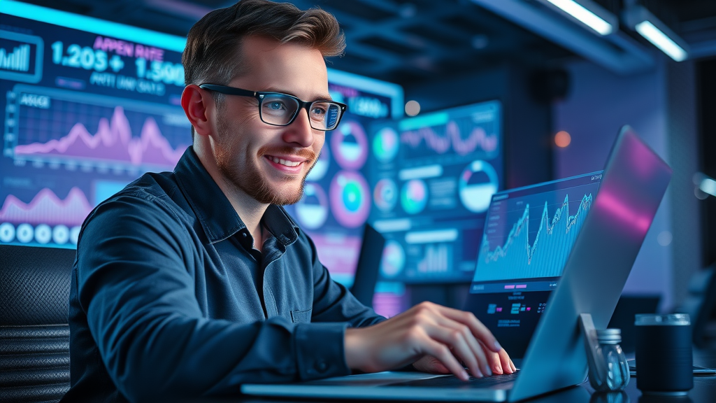 analytical marketer viewing open-rate and click-through graphs for service company email marketing