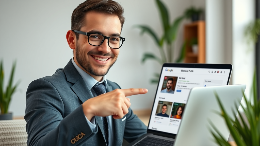 business owner optimizing Google Business Profile for local SEO strategies, displaying profile dashboard