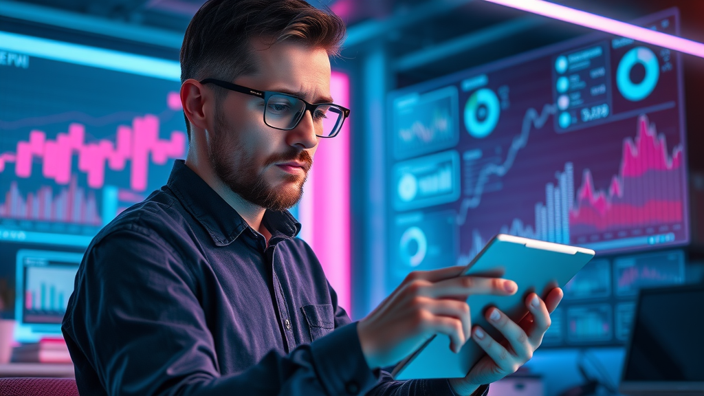 Entrepreneur reviewing analytics dashboard, using digital marketing and search engine data for advanced local business online presence