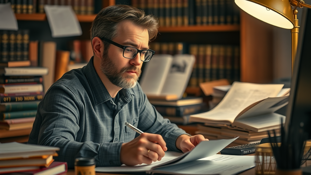 dedicated copywriter, deep in thought, writing legal ad copy, focused expression, High Fantasy, cozy workspace surrounded by law books and computer, highly detailed, paper drafts and creative notes scattered, warm rich browns, golden desk lamp light, shot with a macro lens