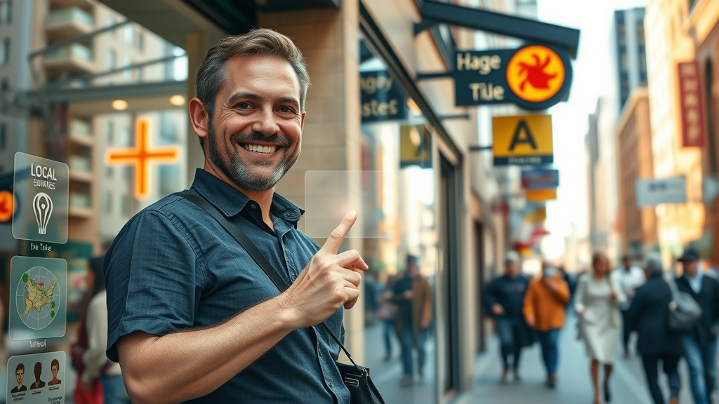 vibrant cityscape with digitally highlighted local businesses, confident business owner standing outside a storefront, local SEO tips in action