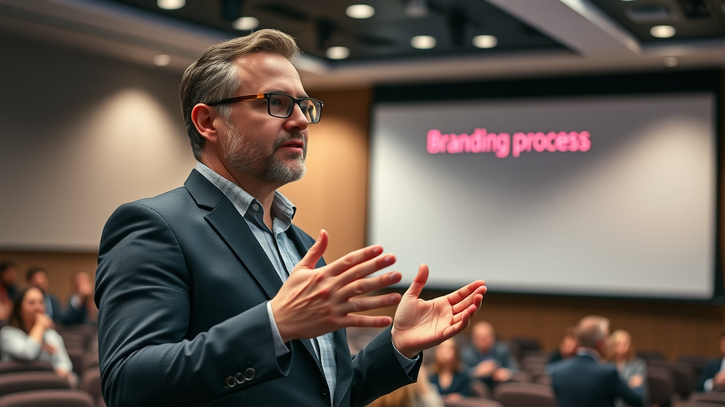 expert marketer delivering a presentation on brand voice development in a modern auditorium