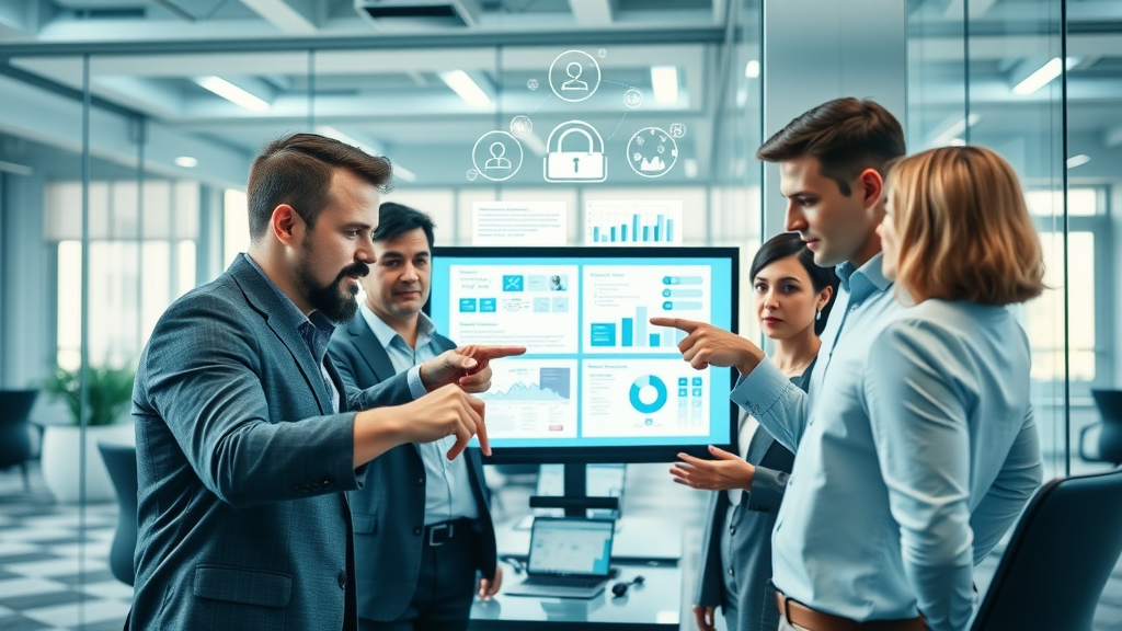 Business team collaborating on online lead generation brainstorming session, pointing at marketing software on screens. {lead generation online}, {marketing software}