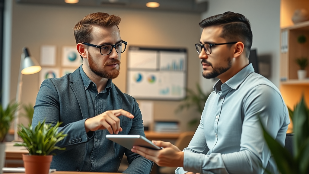 Marketing consultant provides expert advice to local business owner about social media marketing strategy