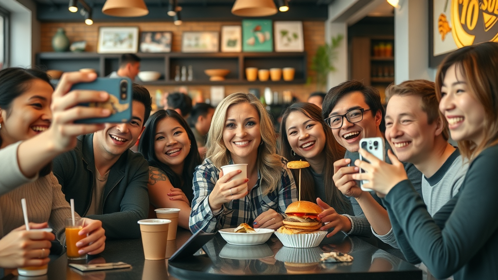 Customers taking selfies, snapping food at café, Google My Business user-generated content