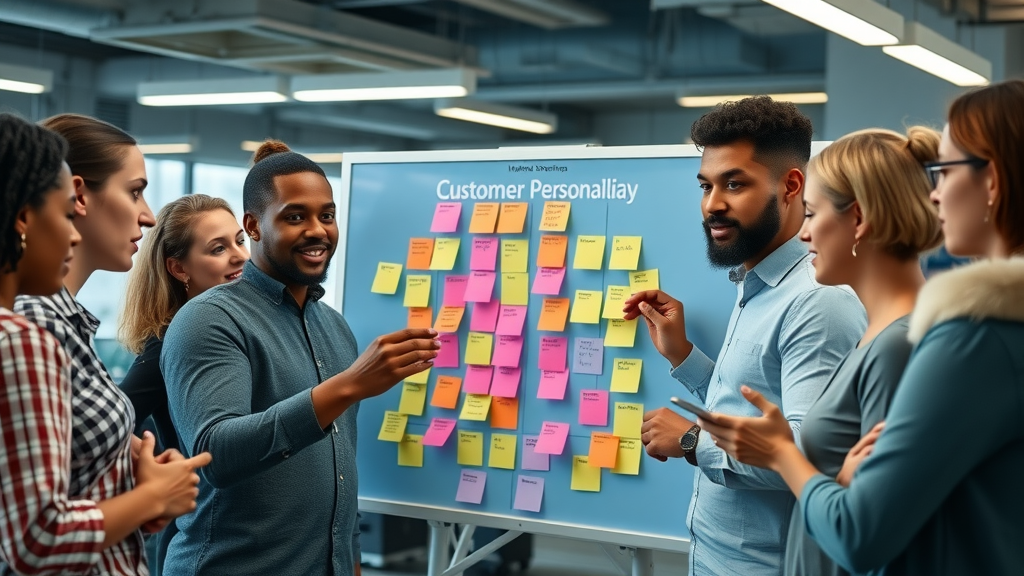 Marketing team creating customer personas and organizing digital sticky notes on a smart board. {target audience}, {qualified leads}