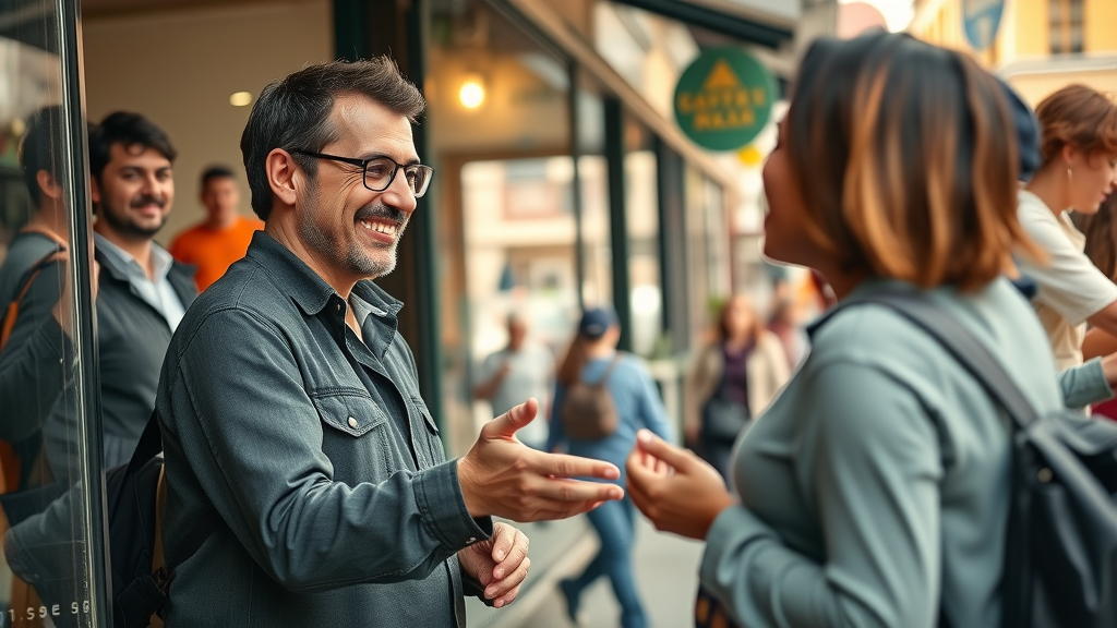 Small business storefront owner greeting a diverse local customer vibrant town center, content marketing for local businesses