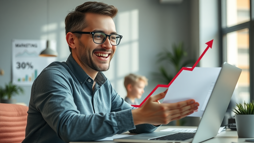 small business owner examining graph showing lead growth in service marketing